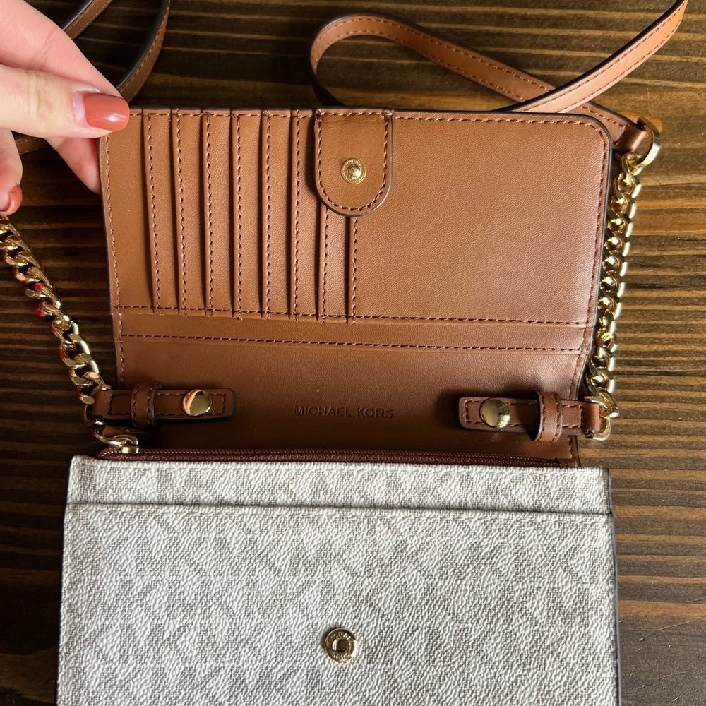 Michael Kors Crossbody Bag in White and Brown with Gold Hardware